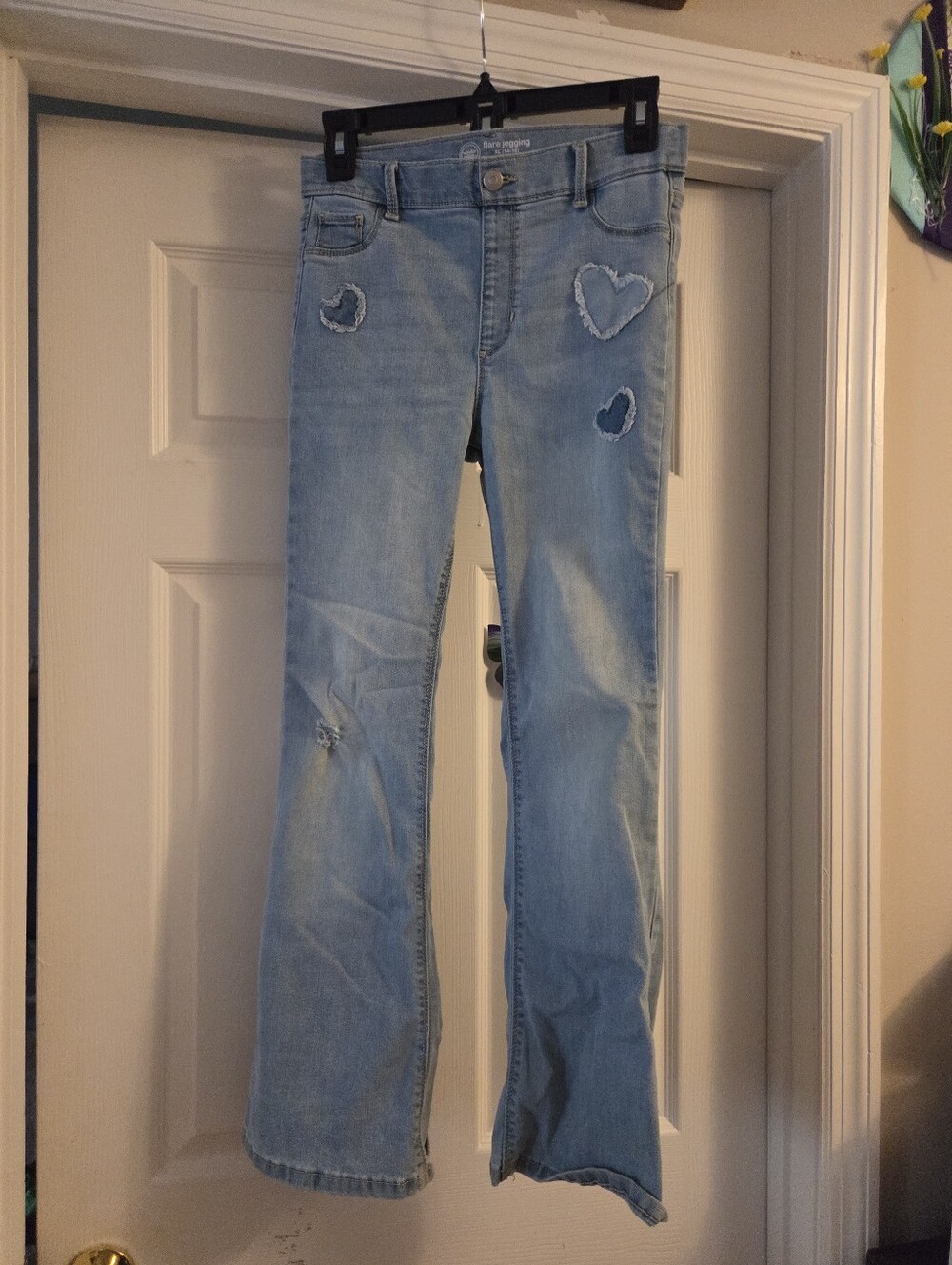 Girls blue denim jeans wonder nation flare leggings xl 14/16 with hearts